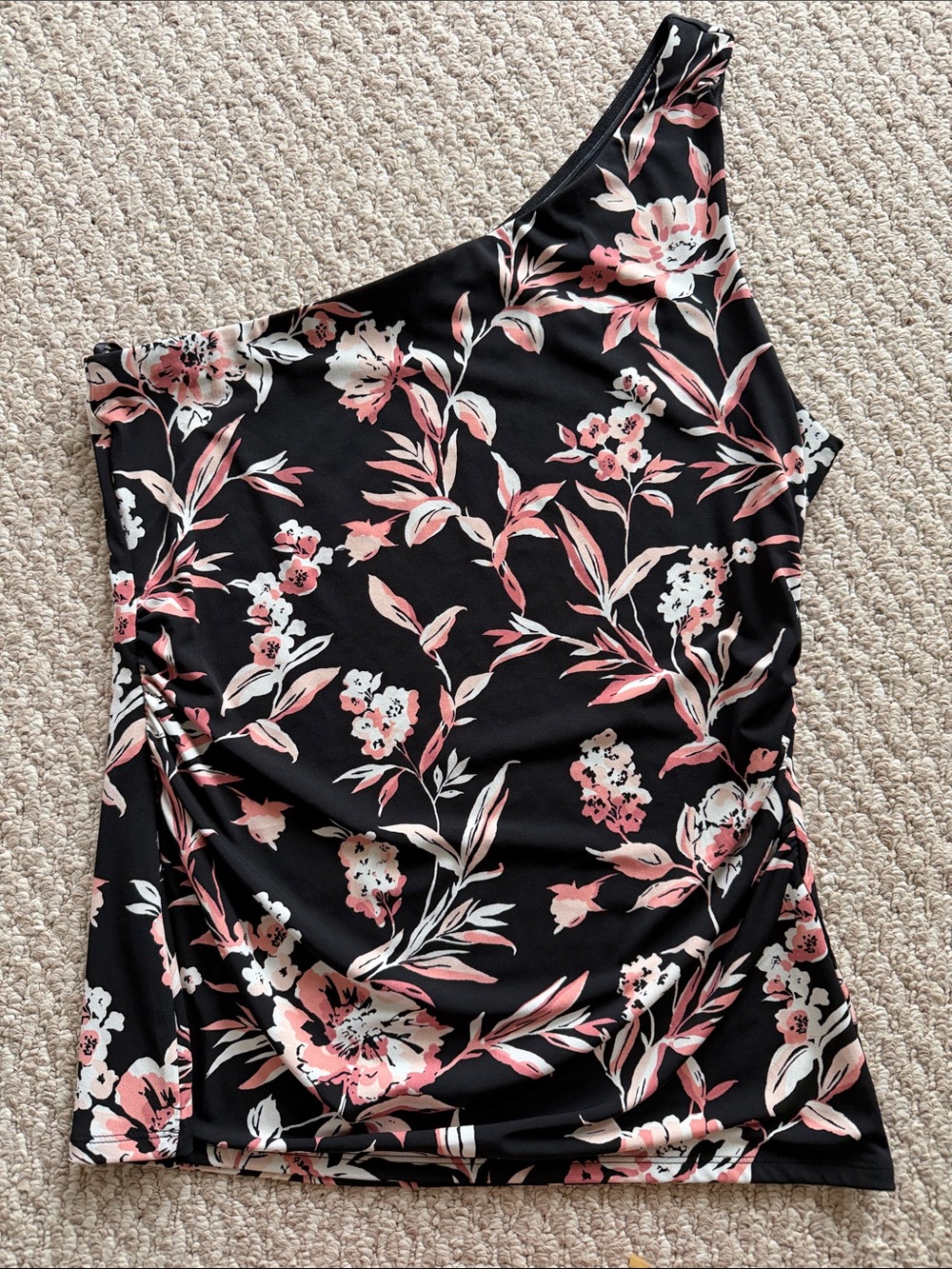 White House Black Market One-Shoulder Floral Dress in Black, Pink & White